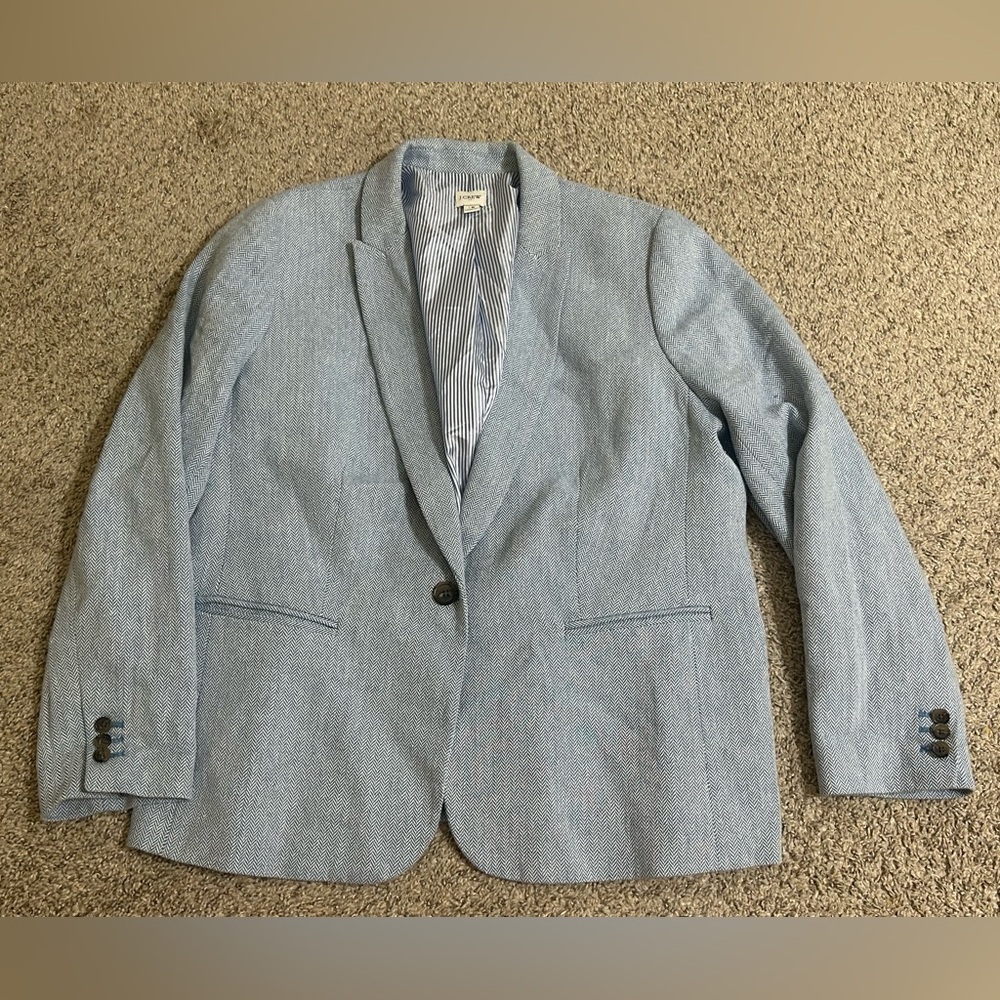 J. CREW Herringbone Button Blazer Linen Blend Blue Size 18 Women's Lined Striped